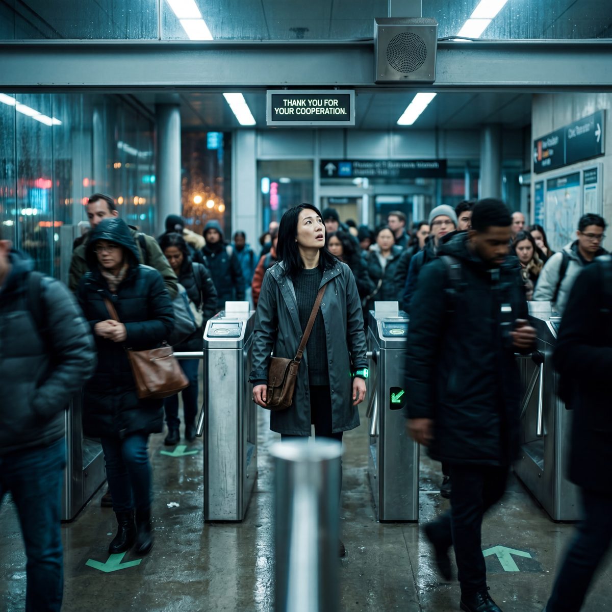 Ava Chen stands still at a Union Node transit gate as commuters blur past, beneath a sign reading THANK YOU FOR YOUR COOPERATION.